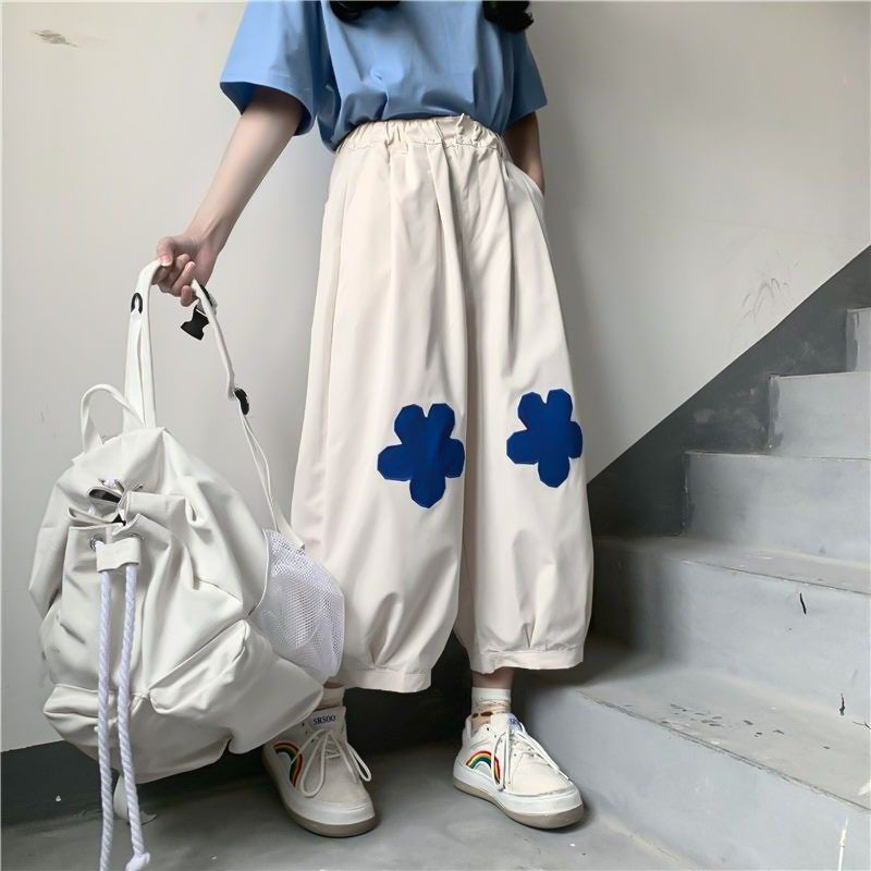 Handmade çiçek baskılı balon paça pantolon